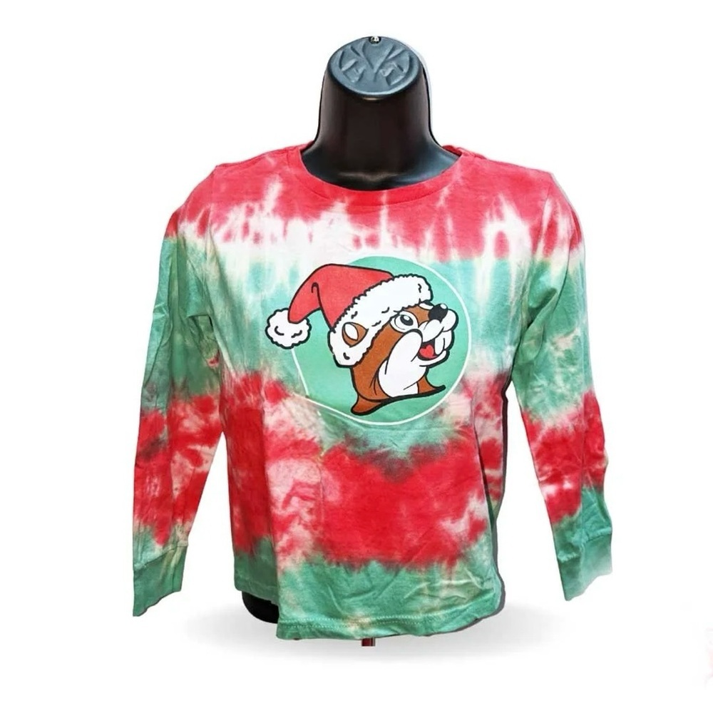 Buc-ee's Christmas Red/Green Tie-Dye Long Sleeved Cotton Tee Youth Size Medium